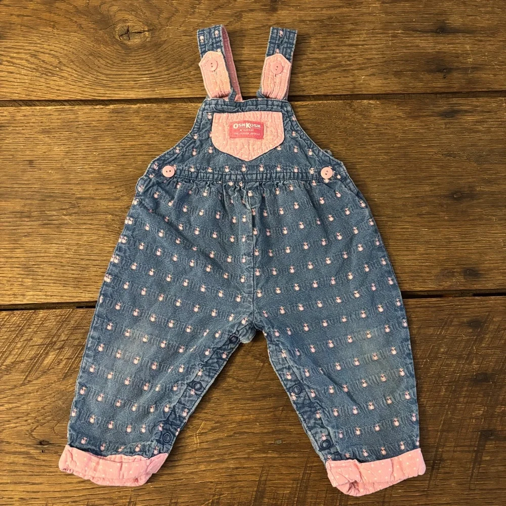 Vintage 90s Oshkosh Denim‎ Overalls Embroidered Pink Ducks Sz 6-9m Bow Back USA